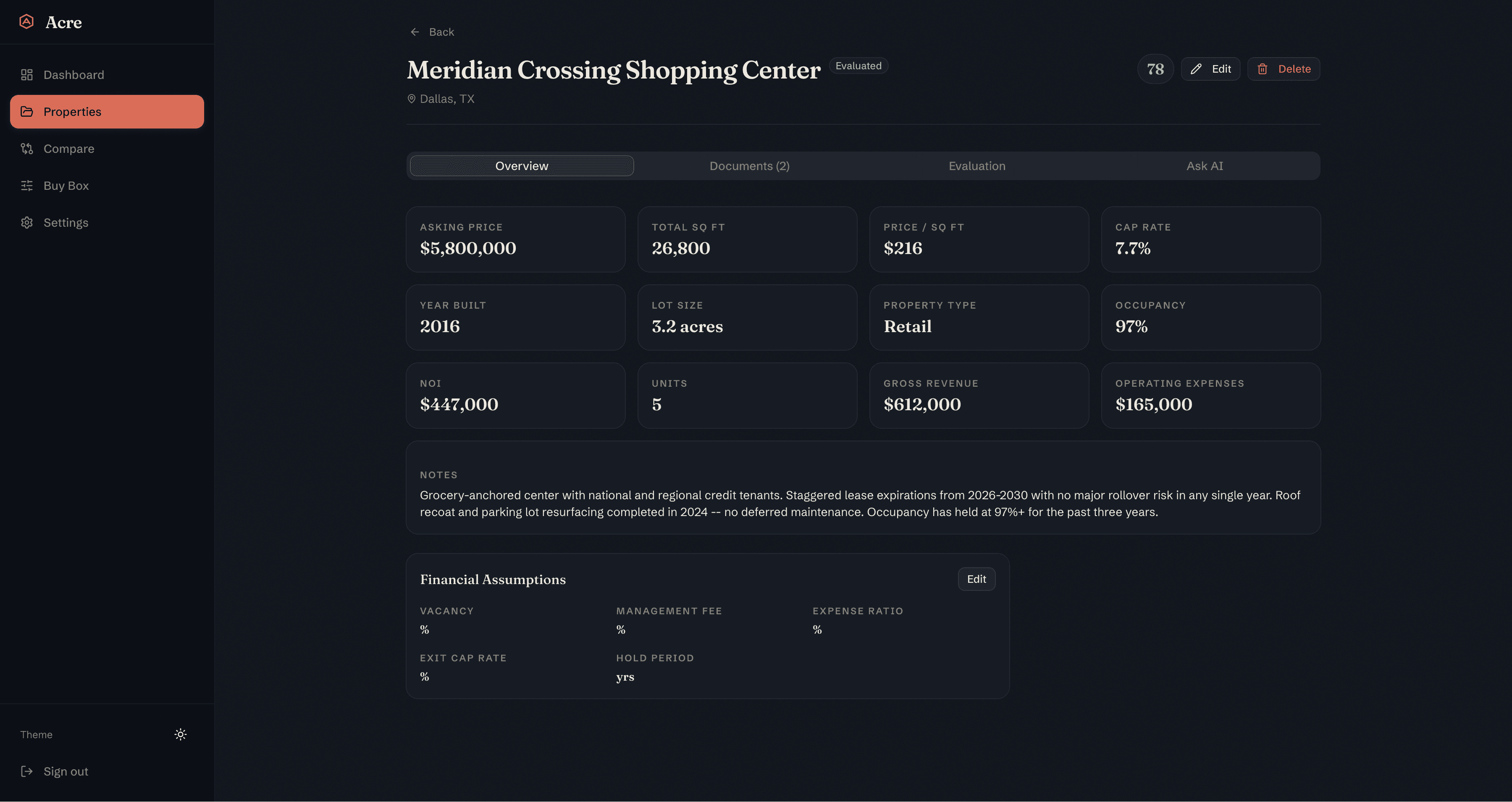 Commercial property overview in Acre with deal score and key metrics