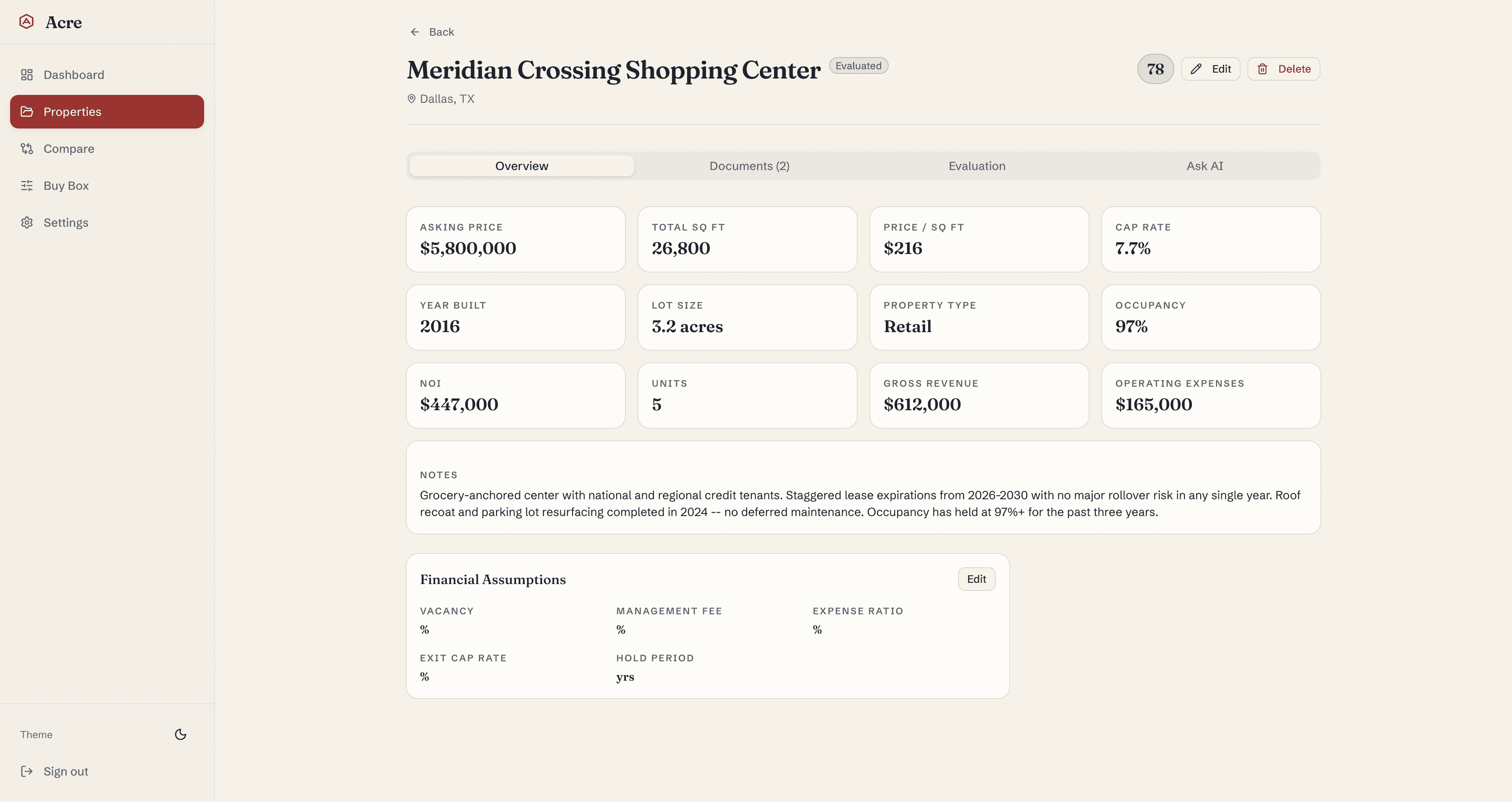 Commercial property overview in Acre with deal score and key metrics