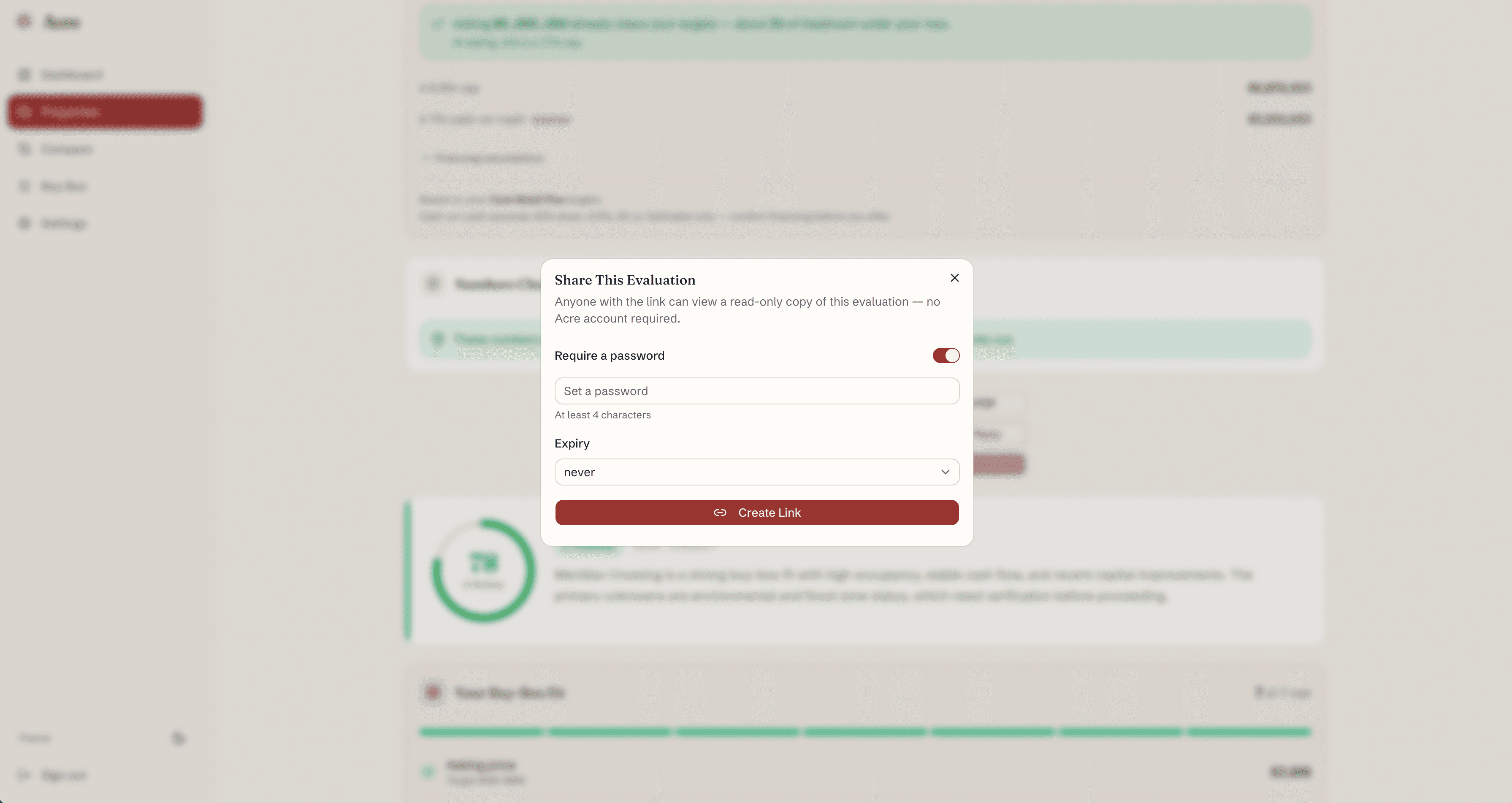 Shared deal room settings with password protection and expiry
